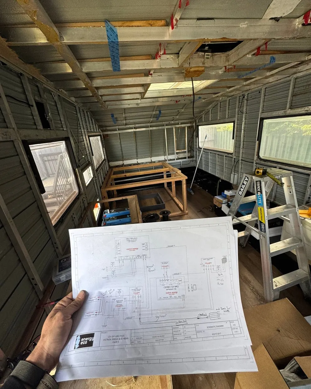 Caravan shell with wiring plan